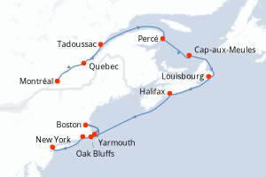 Carte de l'itinéraire de croisière Montréal-New York d'une durée de 13 jours