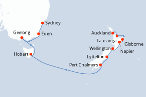 Carte de l'itinéraire de croisière Auckland-Sydney d'une durée de 16 jours