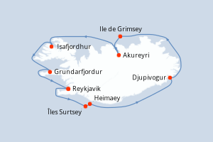 carte itinéraire croisière Europe du Nord 9 jours au départ du port de Reykjavik