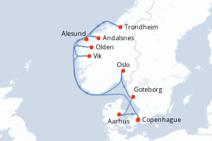carte itinéraire croisière Fjörds norvégiens 12 jours au départ du port de Copenhague