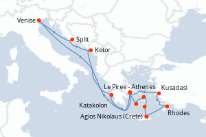 carte itinéraire croisière Méditerranée 14 jours au départ du port de Le Piree - Athenes