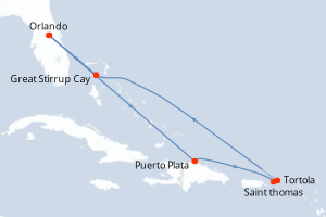 Carte de l'itinéraire de croisière Orlando-Orlando d'une durée de 7 jours