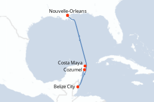 carte itinéraire croisière Caraïbes Mexique 6 jours au départ du port de Nouvelle-Orleans