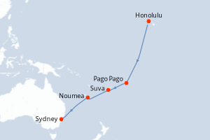 Carte de l'itinéraire de croisière Honolulu-Sydney d'une durée de 15 jours