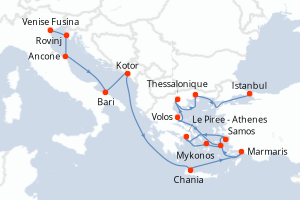 carte itinéraire croisière Méditerranée 16 jours au départ du port de Venise Fusina