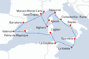 carte itinéraire croisière Sicile 16 jours au départ du port de Barcelone