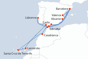 carte itinéraire croisière Méditerranée 20 jours au départ du port de Barcelone