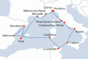 Carte de l'itinéraire de croisière Barcelone-Barcelone d'une durée de 14 jours