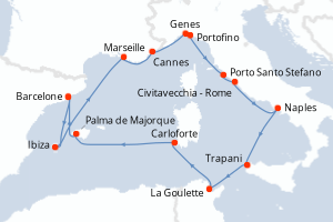 carte itinéraire croisière Sicile 14 jours au départ du port de Barcelone