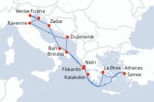 Carte de l'itinéraire de croisière Le Piree - Athenes-Le Piree - Athenes d'une durée de 14 jours