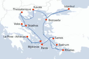 Carte de l'itinéraire de croisière Le Piree - Athenes-Le Piree - Athenes d'une durée de 14 jours