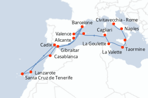 carte itinéraire croisière Sicile 20 jours au départ du port de Civitavecchia - Rome