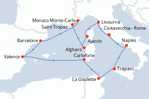 carte itinéraire croisière Sicile 14 jours au départ du port de Civitavecchia - Rome