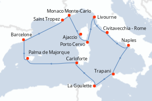 carte itinéraire croisière Sicile 14 jours au départ du port de Civitavecchia - Rome