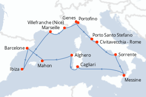 carte itinéraire croisière Sicile 14 jours au départ du port de Civitavecchia - Rome