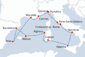 Carte de l'itinéraire de croisière Civitavecchia - Rome-Civitavecchia - Rome d'une durée de 14 jours
