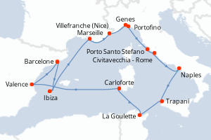 carte itinéraire croisière Sicile 14 jours au départ du port de Barcelone
