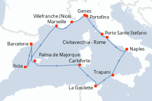 carte itinéraire croisière Sicile 14 jours au départ du port de Barcelone