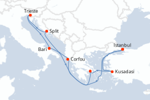 Carte de l'itinéraire de croisière Istanbul-Istanbul d'une durée de 9 jours