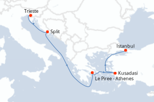 Carte de l'itinéraire de croisière Trieste-Istanbul d'une durée de 5 jours