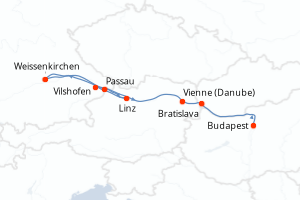 Carte de l'itinéraire de croisière Vilshofen-Budapest d'une durée de 7 jours