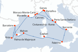 Carte de l'itinéraire de croisière Monaco Monte-Carlo-Civitavecchia - Rome d'une durée de 14 jours