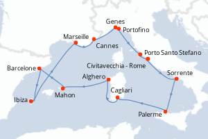 carte itinéraire croisière Sicile 14 jours au départ du port de Civitavecchia - Rome