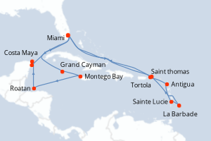 carte itinéraire croisière Caraïbes Bahamas 21 jours au départ du port de Miami