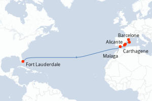 carte itinéraire croisière Transatlantique 13 jours au départ du port de Barcelone