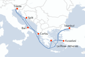 Carte de l'itinéraire de croisière Le Piree - Athenes-Le Piree - Athenes d'une durée de 9 jours