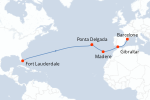 carte itinéraire croisière Transatlantique 14 jours au départ du port de Fort Lauderdale