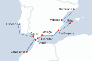 Carte de l'itinéraire de croisière Lisbonne-Barcelone d'une durée de 11 jours
