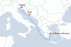 Carte de l'itinéraire de croisière Trieste-Le Piree - Athenes d'une durée de 3 jours