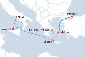 carte itinéraire croisière Sicile 7 jours au départ du port de Naples