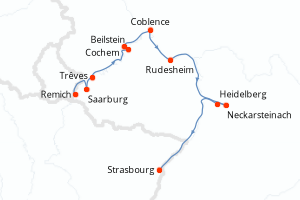 Carte de l'itinéraire de croisière Remich-Strasbourg d'une durée de 6 jours