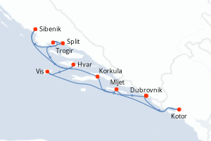 Carte de l'itinéraire de croisière Dubrovnik-Dubrovnik d'une durée de 7 jours