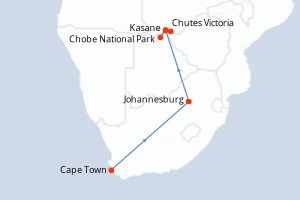Carte de l'itinéraire de croisière Cape Town-Chutes Victoria d'une durée de 12 jours