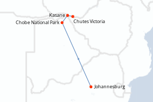 Carte de l'itinéraire de croisière Johannesburg-Chutes Victoria d'une durée de 8 jours