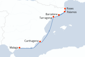 Carte de l'itinéraire de croisière Barcelone-Malaga d'une durée de 7 jours