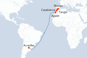 carte itinéraire croisière Transatlantique 7 jours au départ du port de Malaga