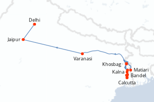 Carte de l'itinéraire de croisière Calcutta-Delhi d'une durée de 14 jours