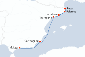 Carte de l'itinéraire de croisière Malaga-Barcelone d'une durée de 7 jours