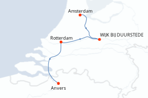 Carte de l'itinéraire de croisière Amsterdam-Anvers d'une durée de 4 jours