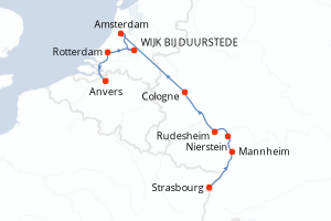Carte de l'itinéraire de croisière Strasbourg-Anvers d'une durée de 9 jours