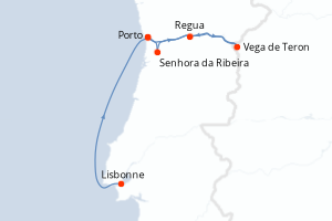 Carte de l'itinéraire de croisière Lisbonne-Porto d'une durée de 7 jours