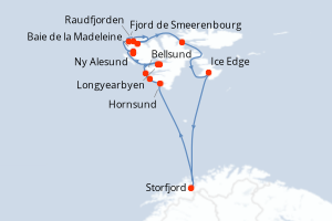 Carte de l'itinéraire de croisière Longyearbyen-Storfjord (Svalbard) d'une durée de 10 jours