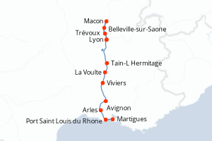 Carte de l'itinéraire de croisière Martigues-Lyon d'une durée de 6 jours