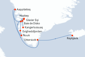 Carte de l'itinéraire de croisière Reykjavik-Kangerlussuaq d'une durée de 11 jours