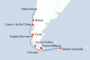 Carte de l'itinéraire de croisière Valparaíso-Puerto Williams d'une durée de 11 jours