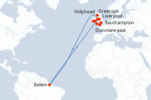 Carte de l'itinéraire de croisière Southampton-Southampton d'une durée de 12 jours